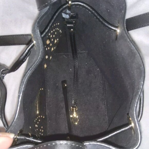 Michael Kors Cary Small Grommeted Suede Bucket Bag Black Gold Studded 9x9x4